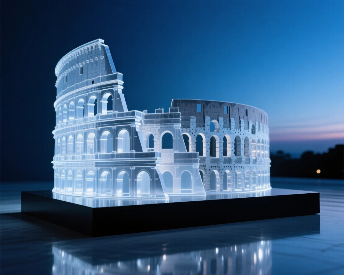 The Colosseum in Rome at blue hour with soft ambient lighting beginning to glow, reflections shimmering nearby, evoking timeless elegance.