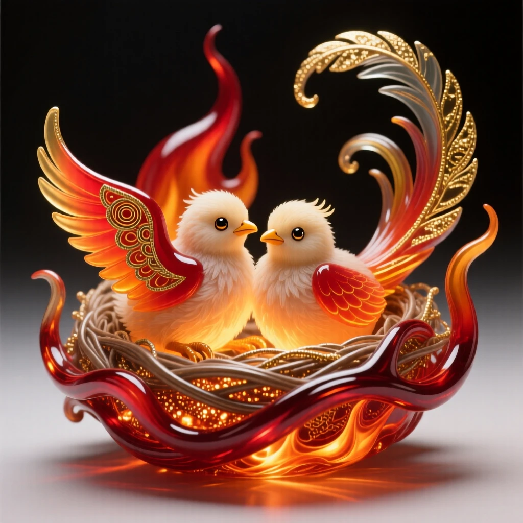 A pair of phoenix chicks nestled in a nest of glowing embers, endearing and warm.