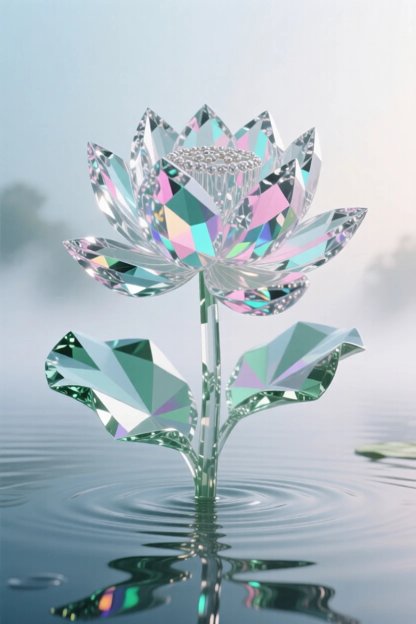 A single lotus flower emerging through morning mist above still water.