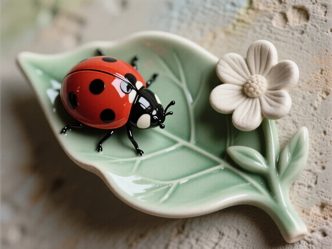 A ladybug crawling along a green leaf frozen mid-hover beside a bloom, outlined against a soft-focus natural backdrop, capturing a serene moment suspended in time.