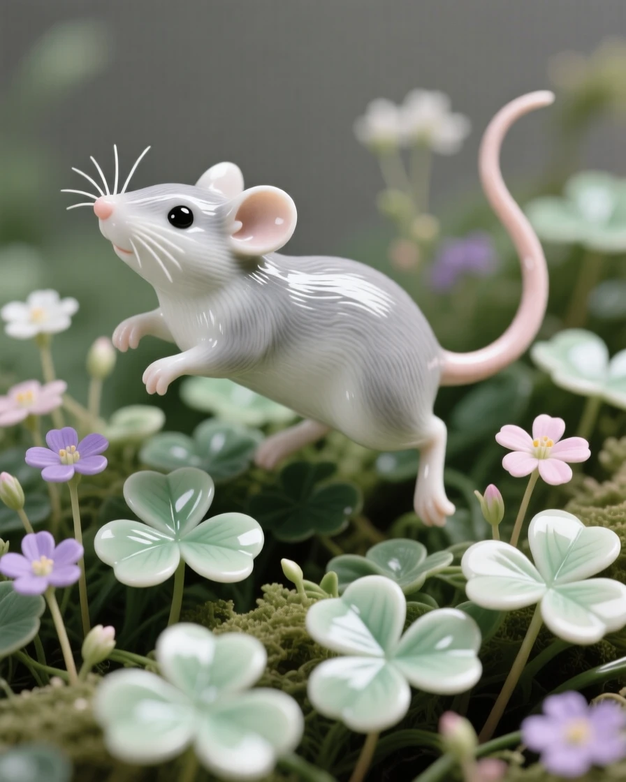 A tiny mouse hopping through a bed of clover, surrounded by tiny wildflowers.
