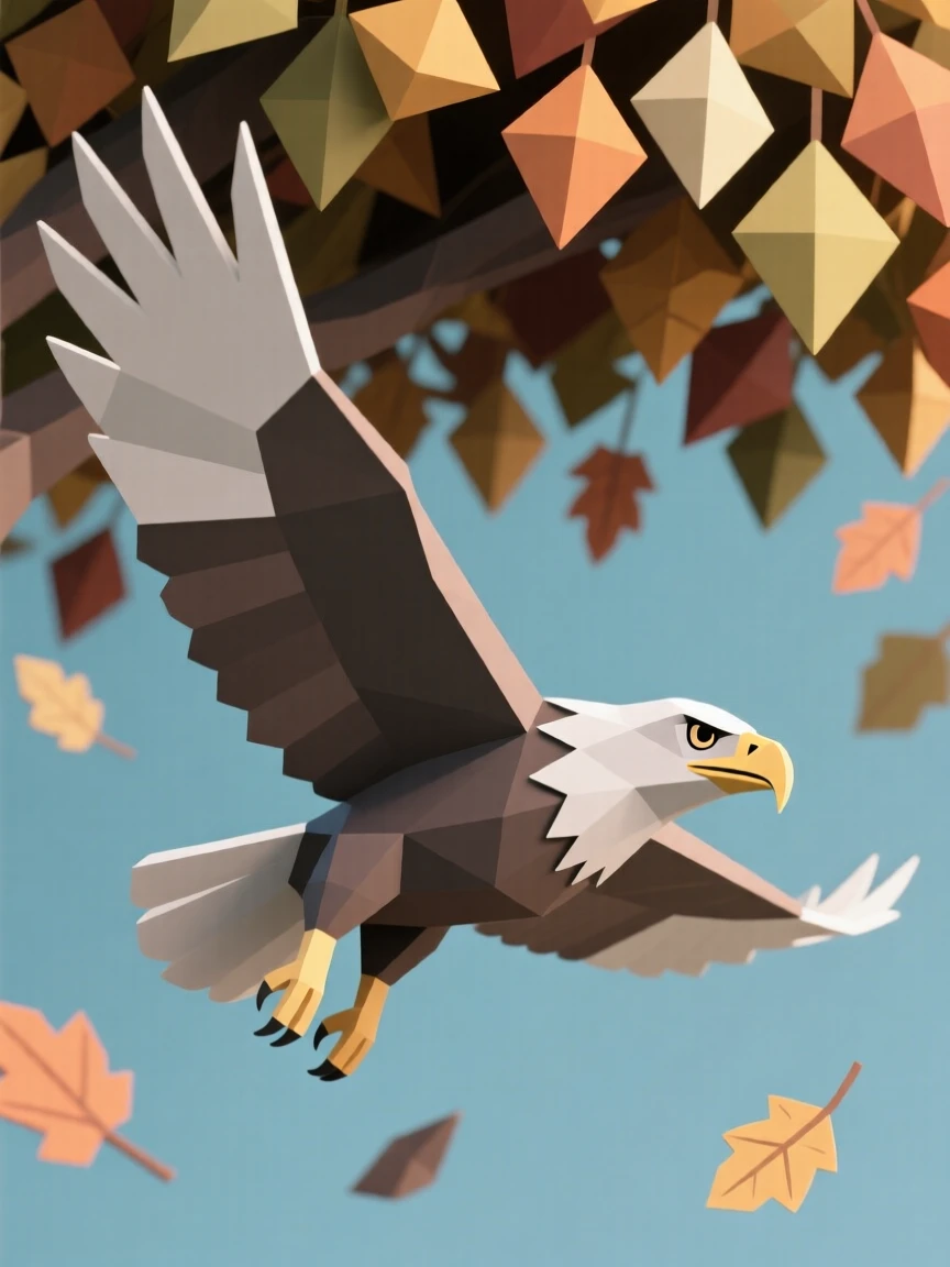 A bald eagle soaring with wings spread wide, under a canopy of autumn color. delicate detail is visible in the fur and eyes. It captures a fleeting moment of freedom.