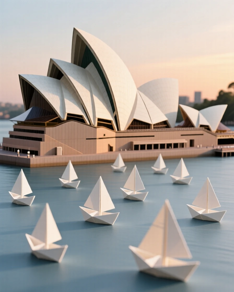 The Sydney Opera House glowing at dusk beside a harbor full of sailboats.