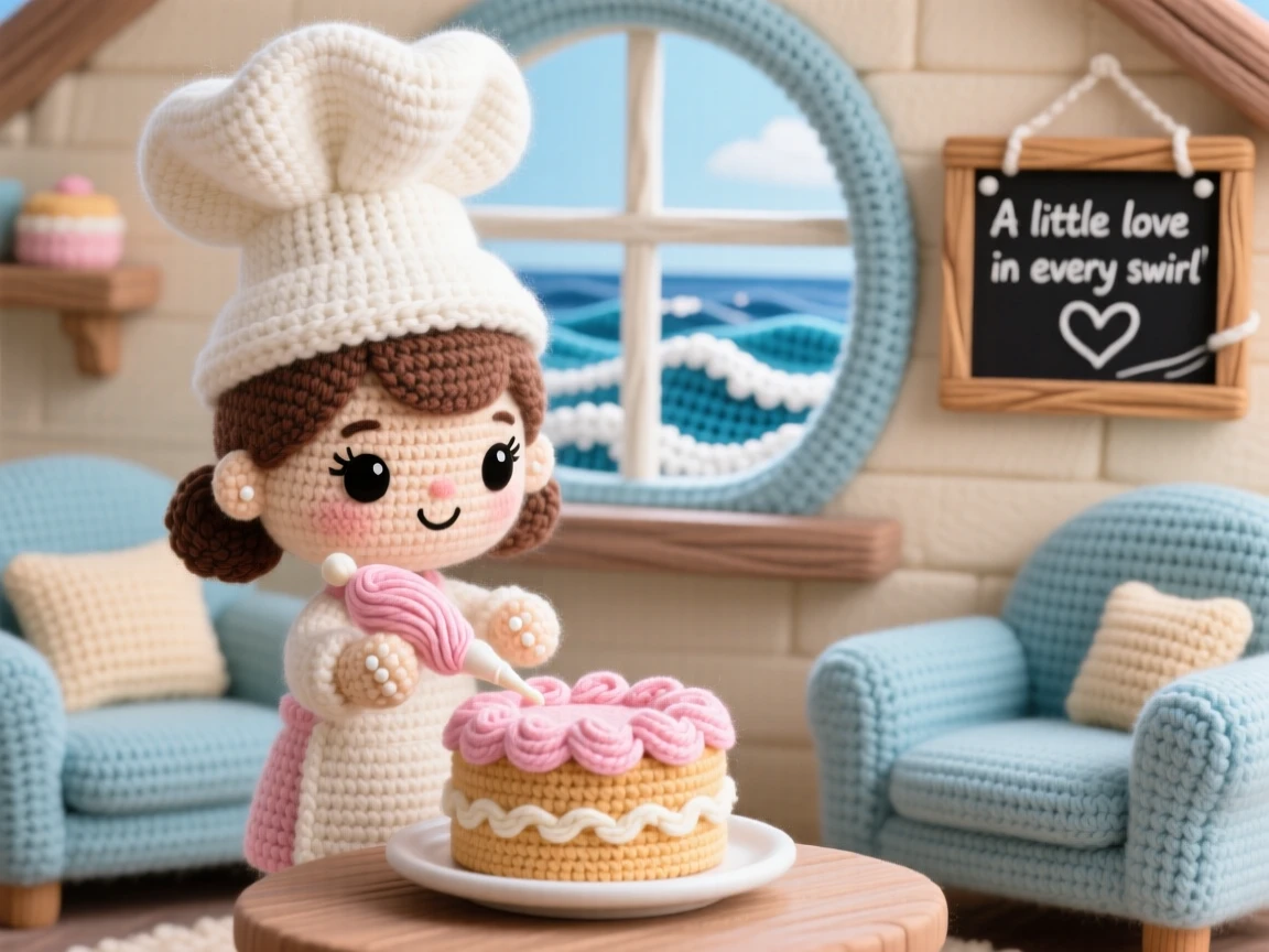 A charming scene of a young pastry chef girl with a tall hat and icing on her fingertips, piping delicate swirls onto a small cake inside a seaside cottage with a view of the waves; a small chalkboard sign with a hand-drawn heart adds to the moment, full of bright-eyed enthusiasm for a beloved craft.