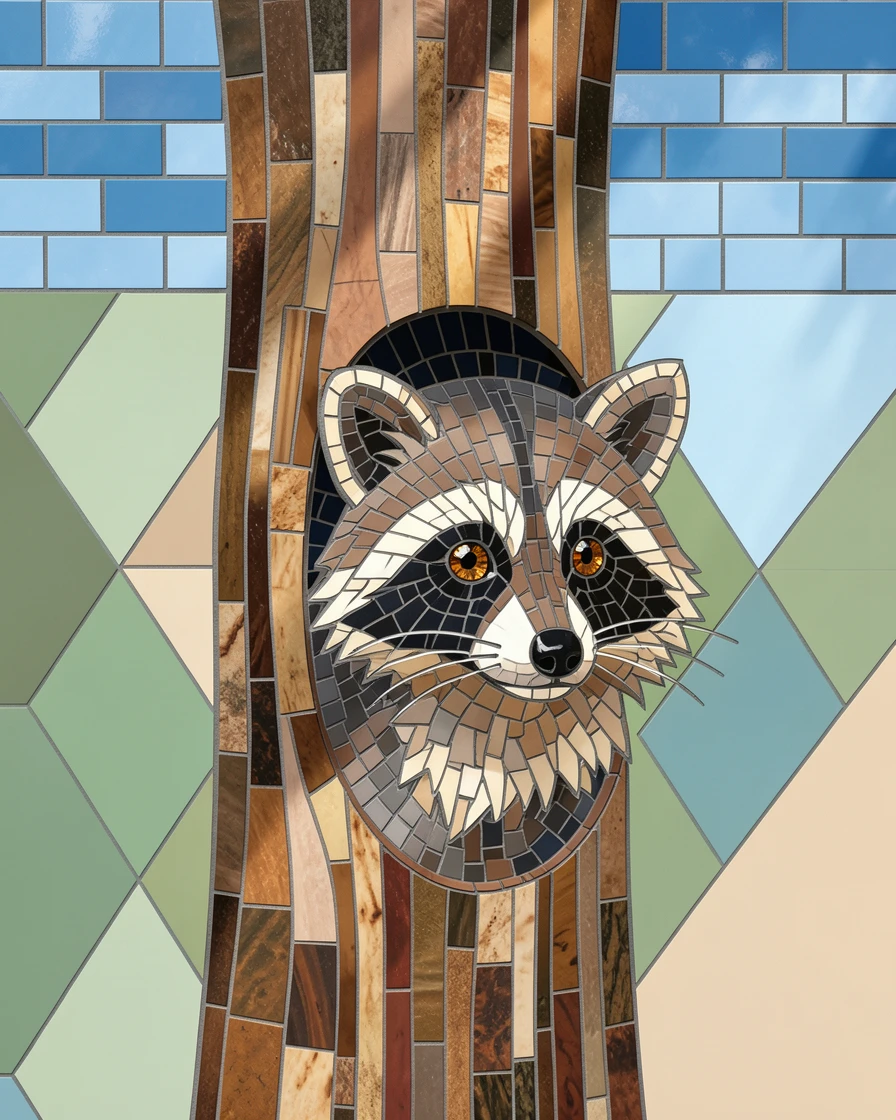 A raccoon peeking curiously from a hollow tree.