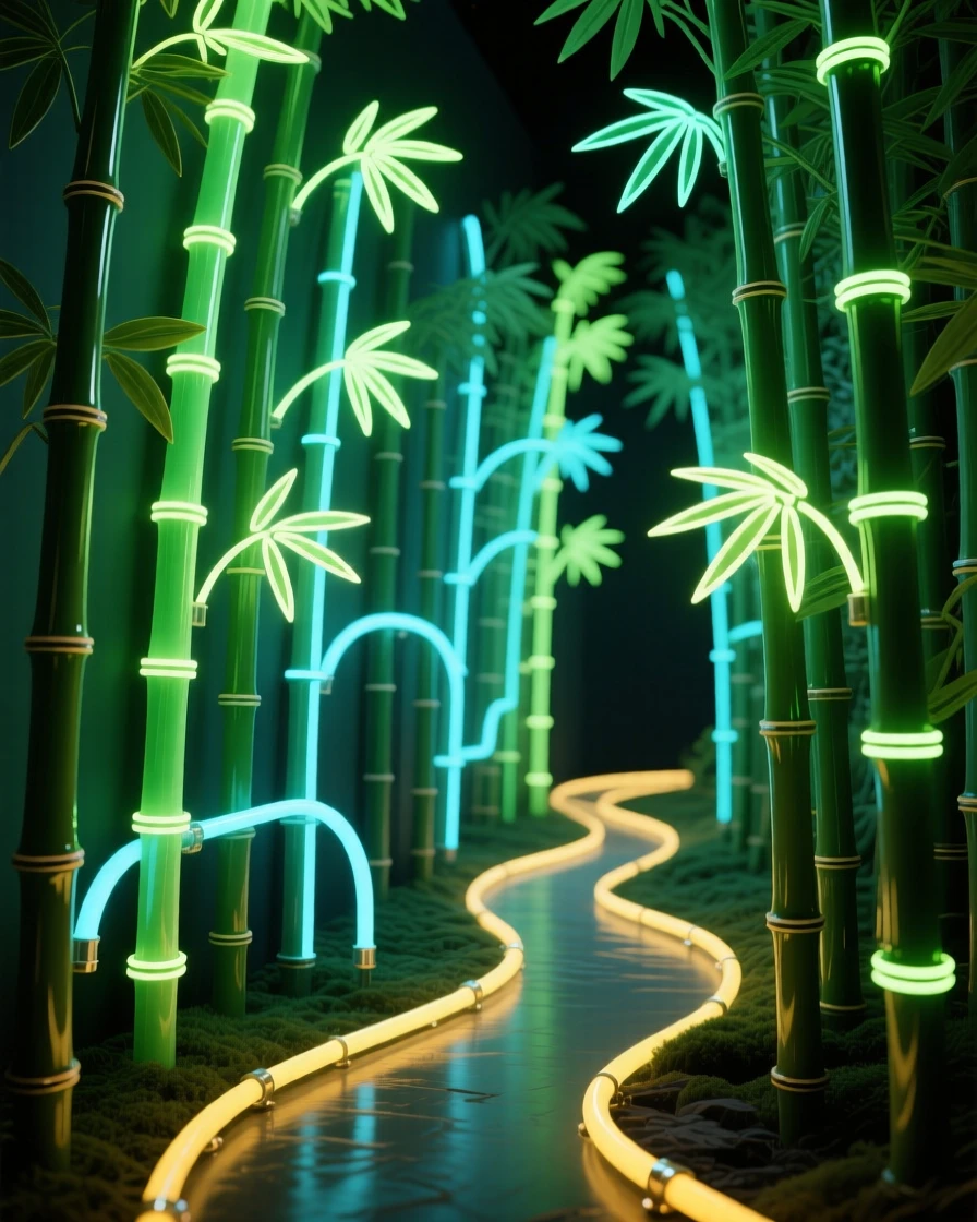 A grove of bamboo stalks growing densely along a path.