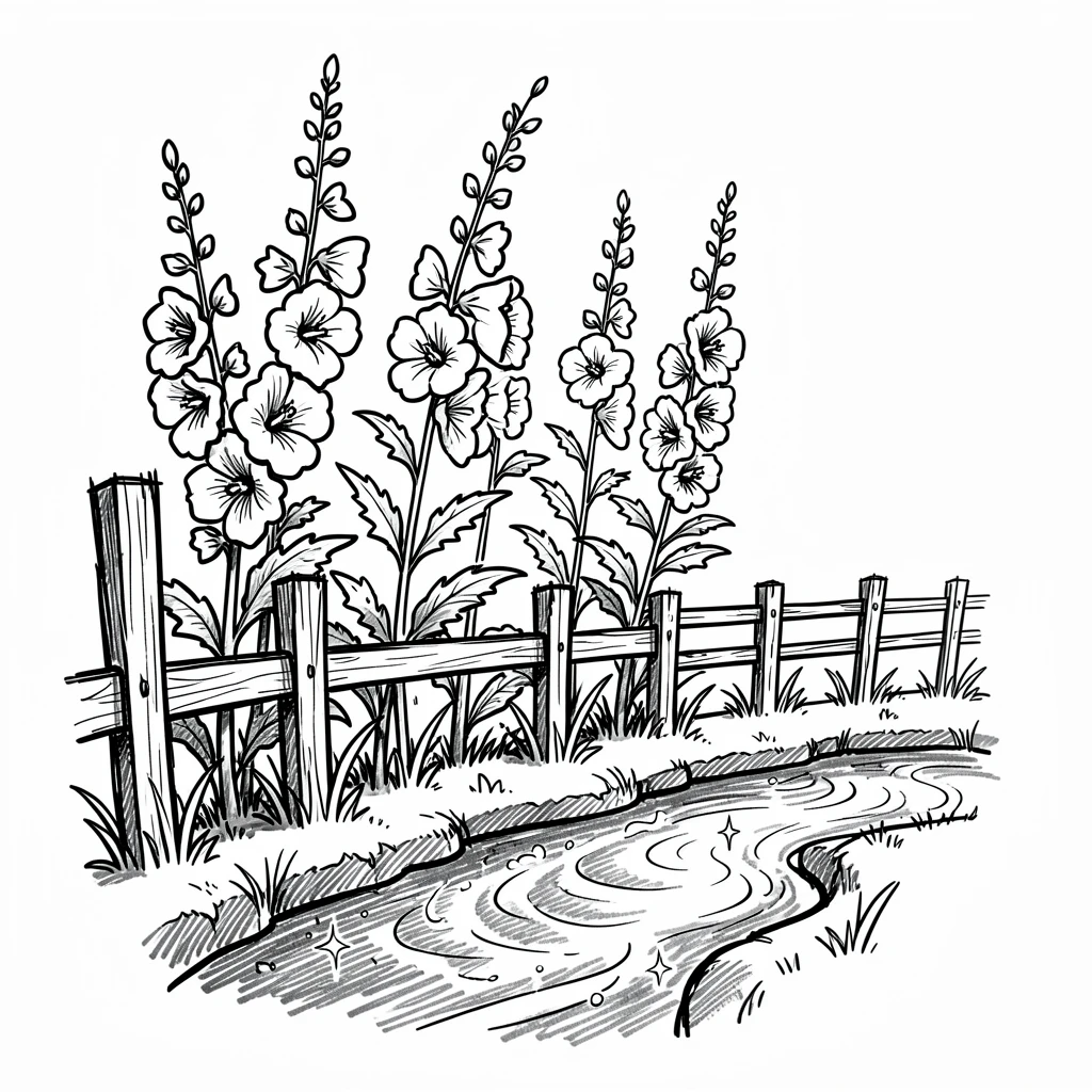 A row of tall hollyhocks by a fence beside a babbling brook.
