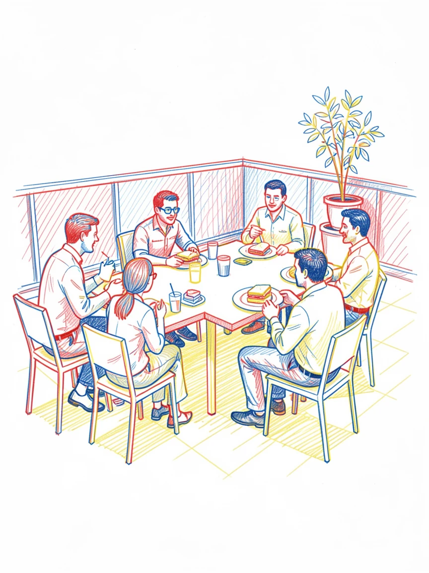 A group of office workers sharing lunch together on a rooftop terrace