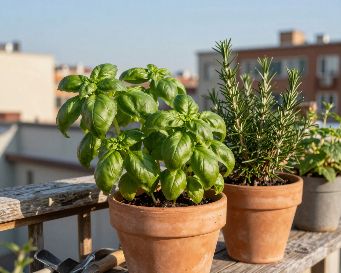 A rooftop herb garden with basil and rosemary in terracotta pots
