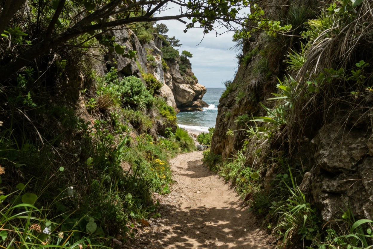 A secluded beach cove is reachable only by a narrow trail through dense cliffside vegetation.
