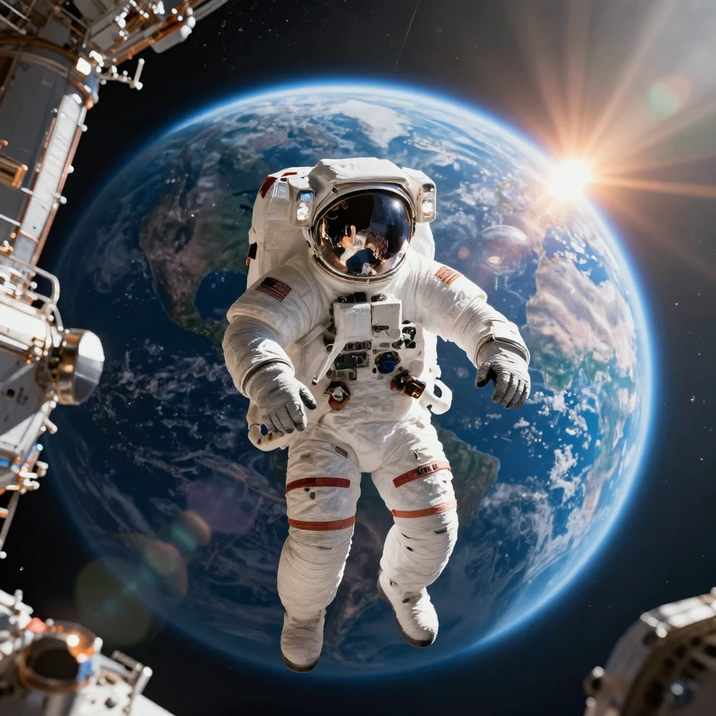 An astronaut floating outside a space station with Earth glowing behind them