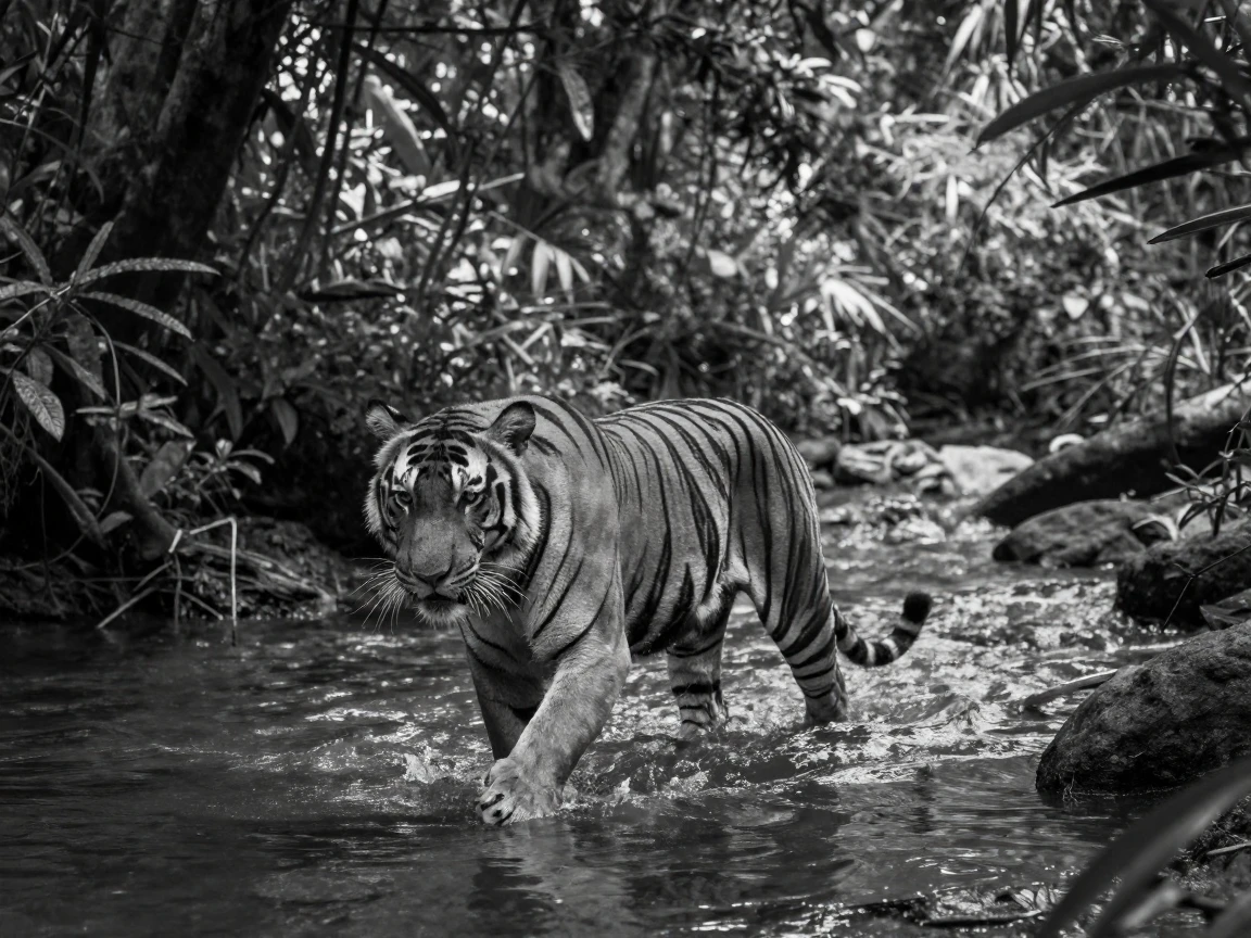 A tiger wades through a shallow jungle stream through a dense tropical jungle.