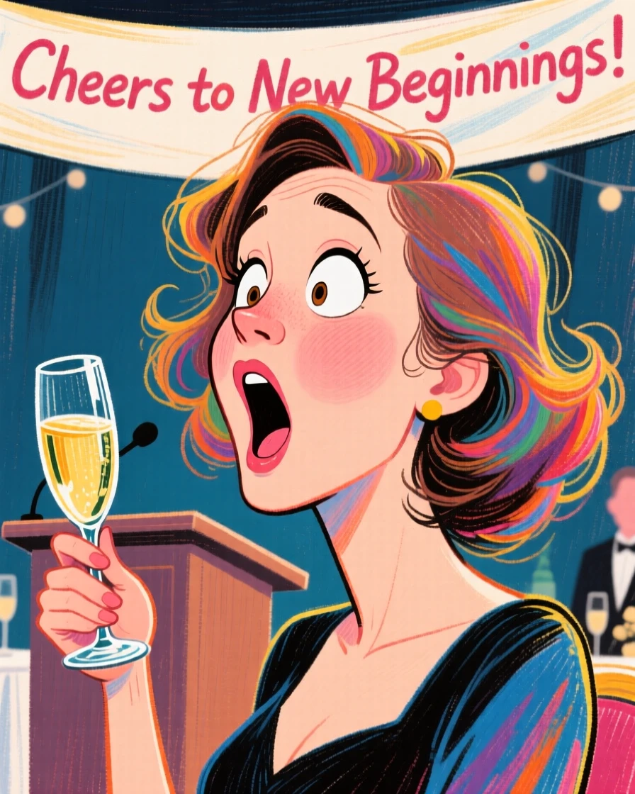 A woman caught mid-hiccup while trying to give an important toast.