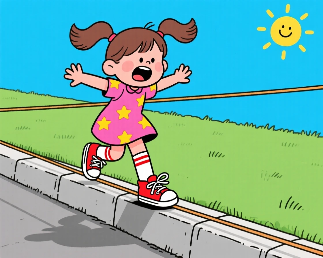 A playful childhood moment of a little girl carefully balancing on a curb like a tightrope walker, arms outstretched.