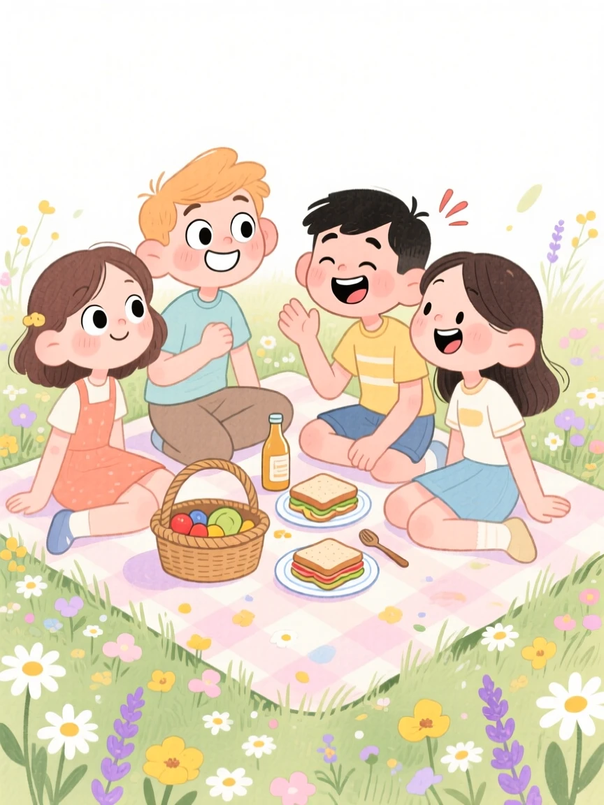 A group of four best friends sharing a picnic in a flower-filled meadow