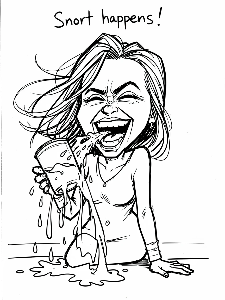 [Funny & Exaggerated Situations] Comical scene of a woman laughing so hard she snorts, spilling her drink, exaggerated for maximum laughs