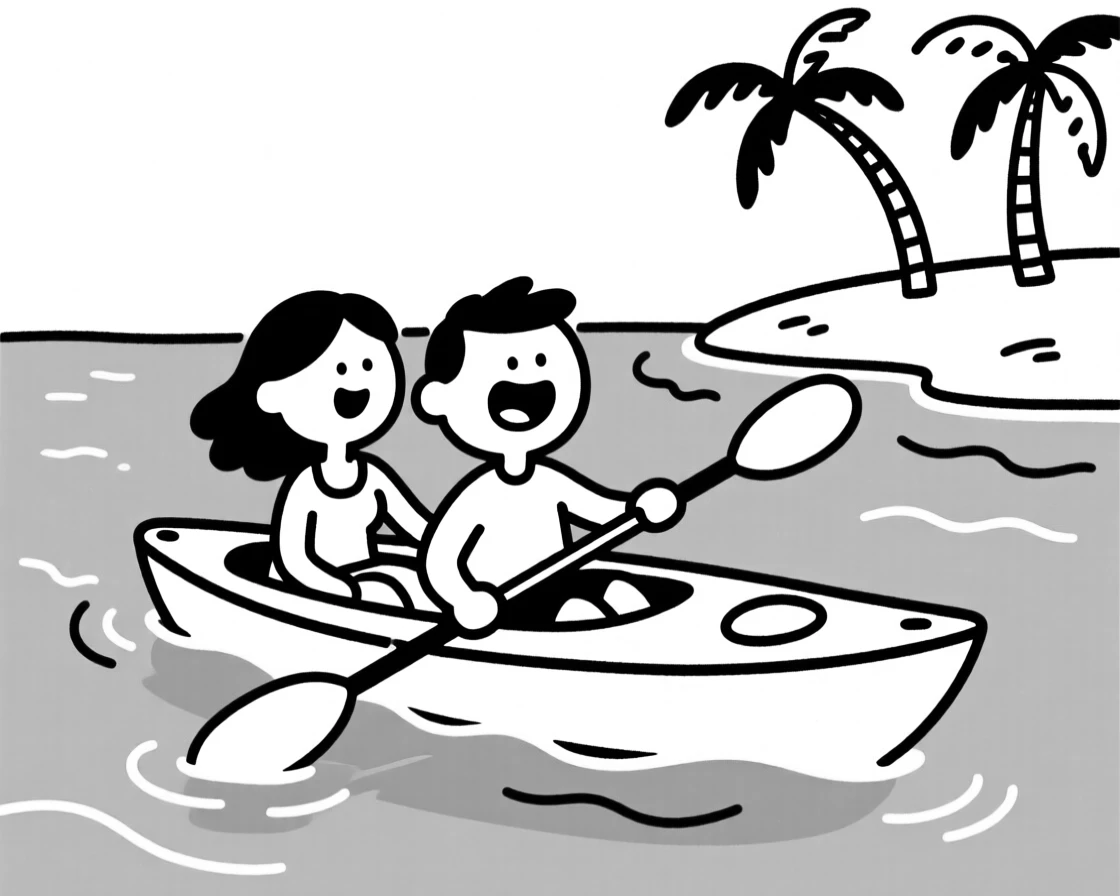A couple kayaking through crystal clear turquoise waters near a tropical island.