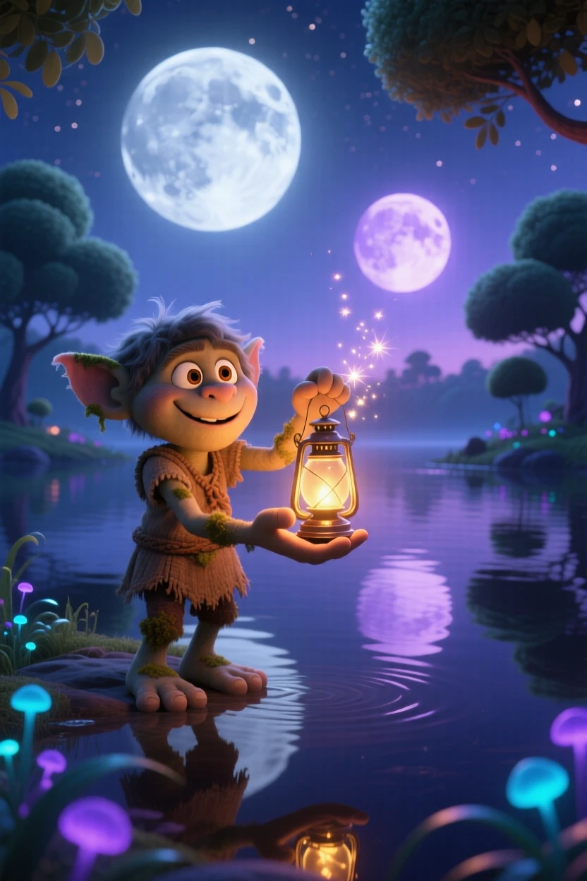 A friendly troll stands beside a lake reflecting two moons, lighting a lantern that hovers in the air. A magical, wondrous stillness fills the scene, with soft glowing light illuminating every surface.
