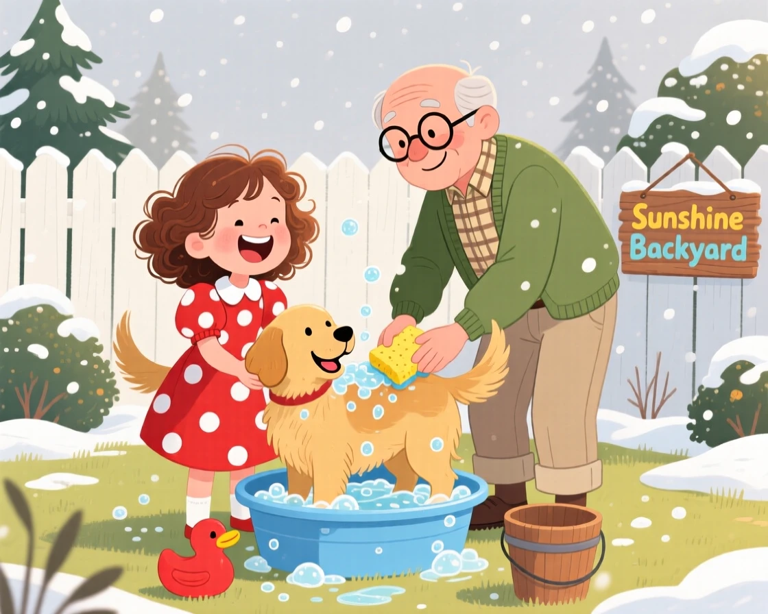 A girl in a polka-dot dress laughs while washing a happy dog in the backyard together with his grandfather, while soft snow falls outside.