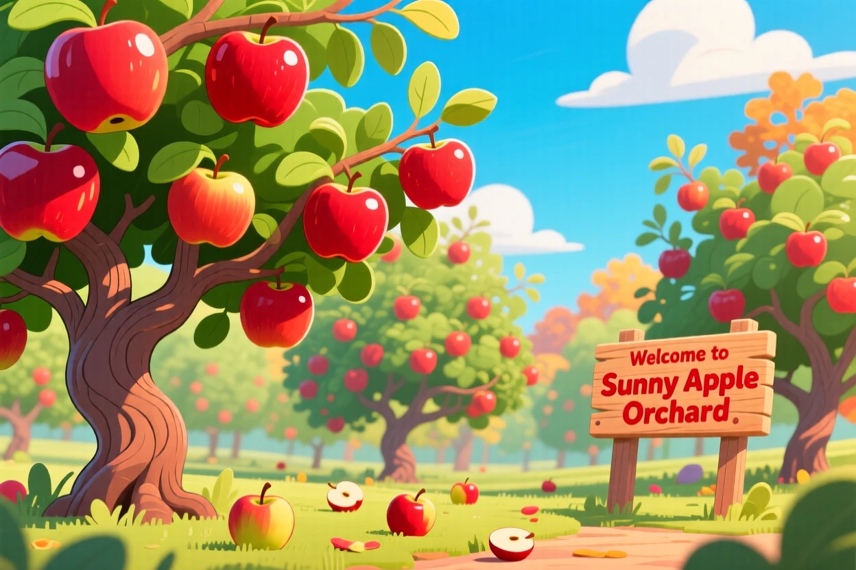 An orchard heavy with ripe apples under a clear autumn sky.