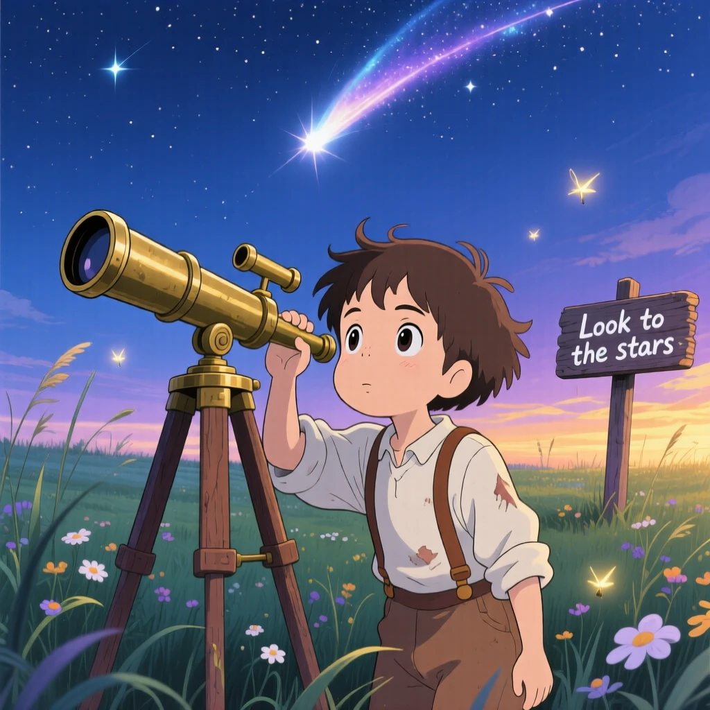 A curious child peering through an old telescope at a passing comet, the moment adventurous and hopeful.