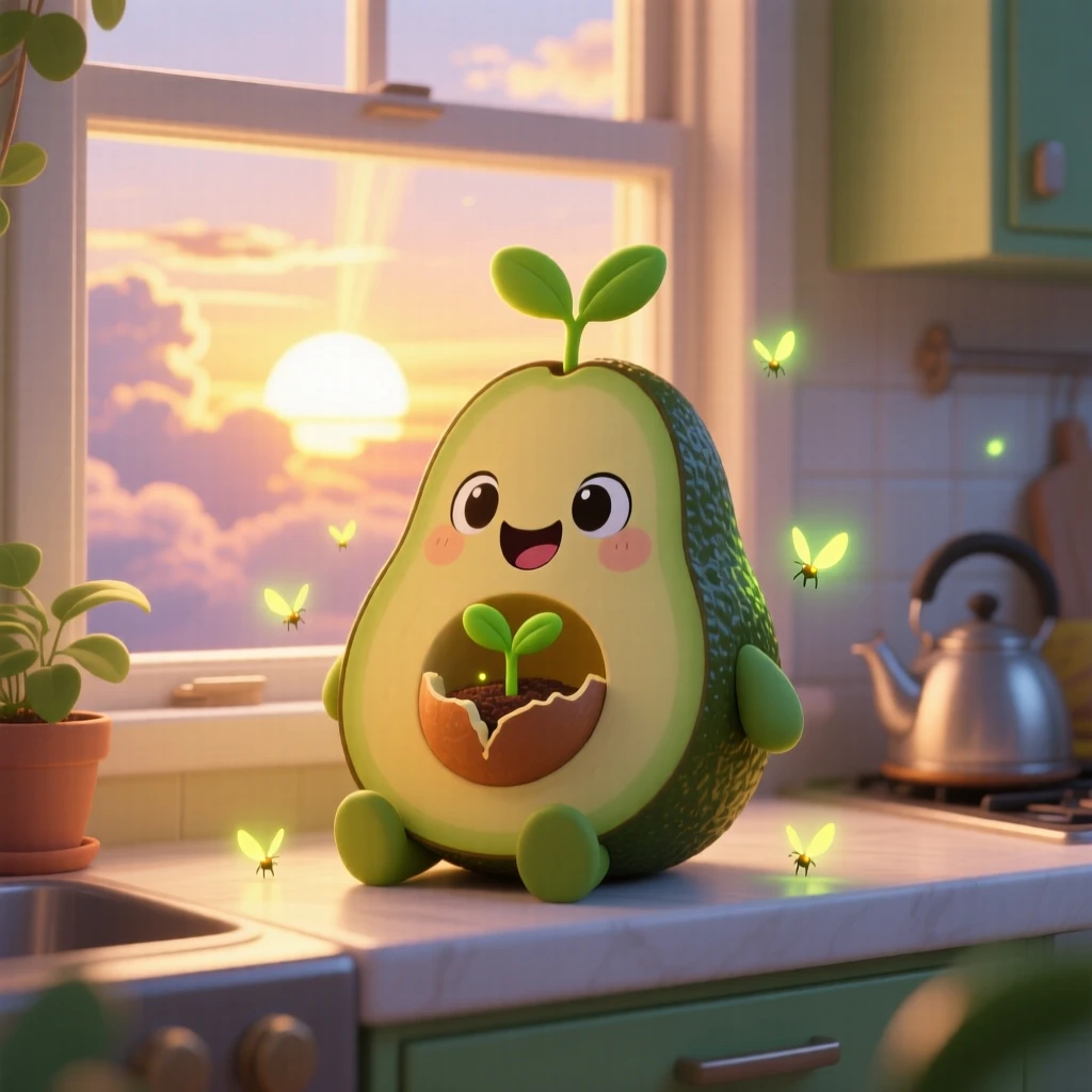 A happy avocado hatching a tiny sprout from its pit in a bright kitchen windowsill as fireflies begin to glow at dusk; rays of sunrise breaking through clouds washes over the scene as delighted joy fills the moment. Waist-up portrait.