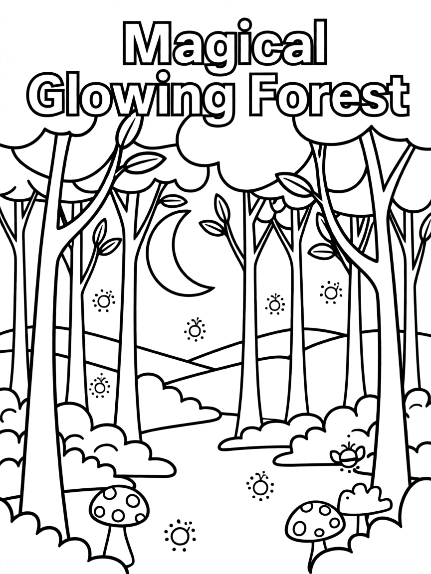 A magical glowing forest with fireflies lighting up the night