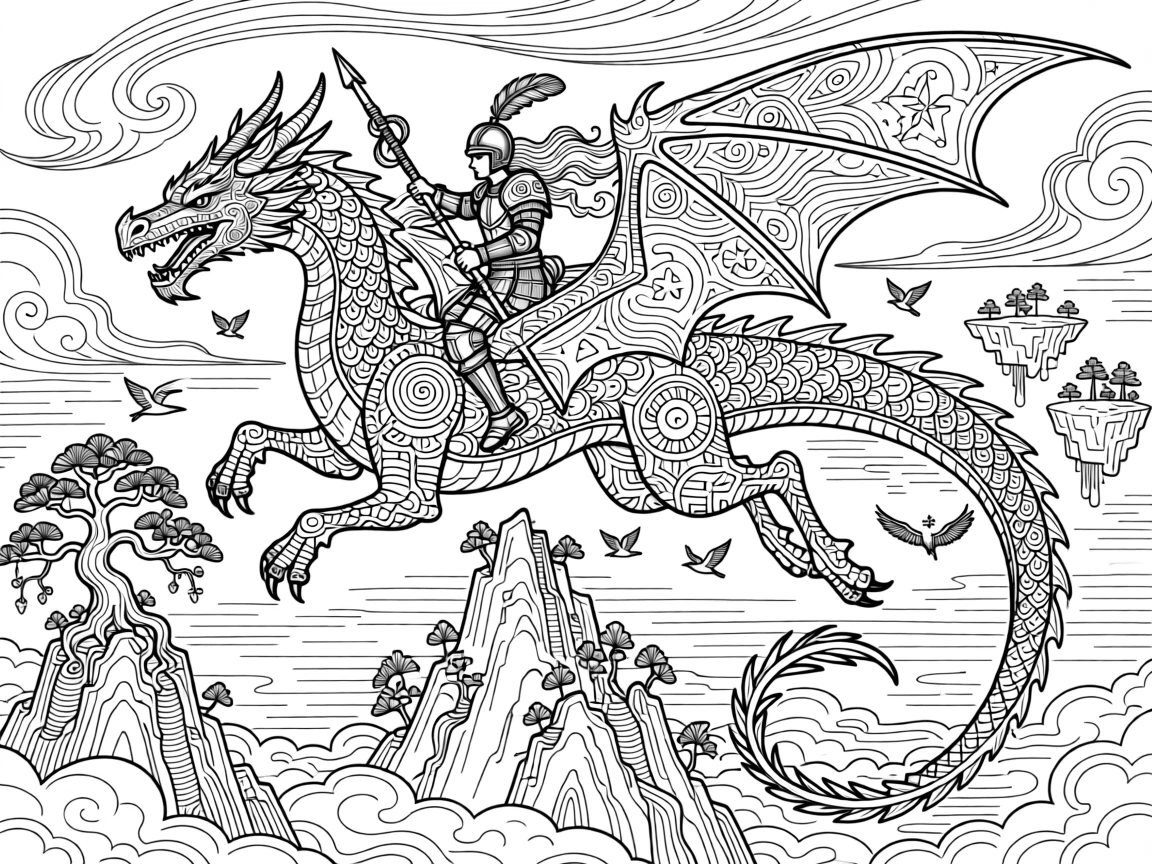 A dragon rider soaring between floating mountain peaks.