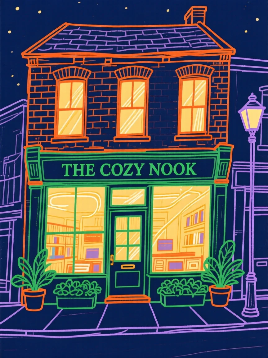 Awarmly-lit bookstore facade glowing warmly at night.