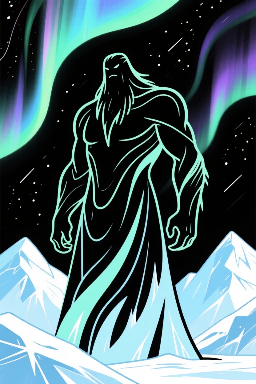 A frost giant standing among icy mountain peaks under the northern lights.