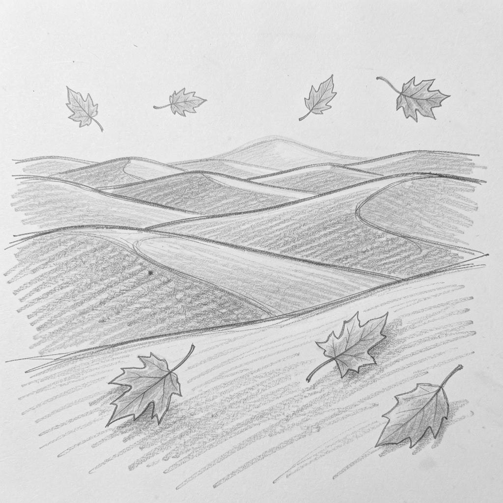 A vast desert of rolling dunes, glowing under the last light of sunset, with autumn leaves drifting on the breeze.