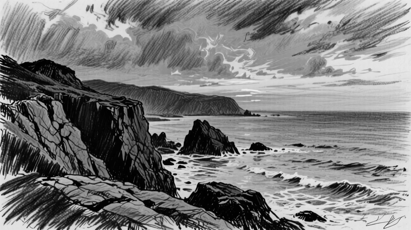 A rugged coastline under a sky ablaze with sunset colors.