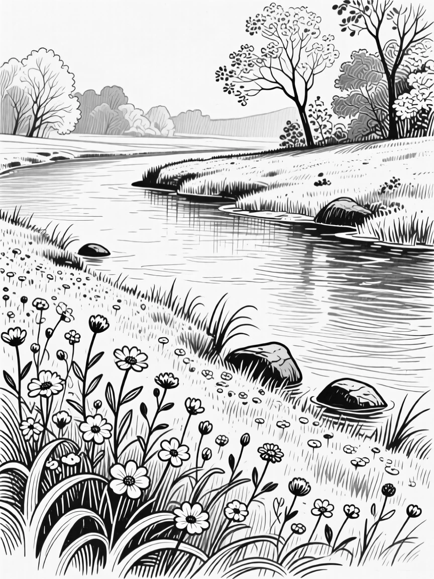 A peaceful riverside meadow scattered with wildflowers in early spring.