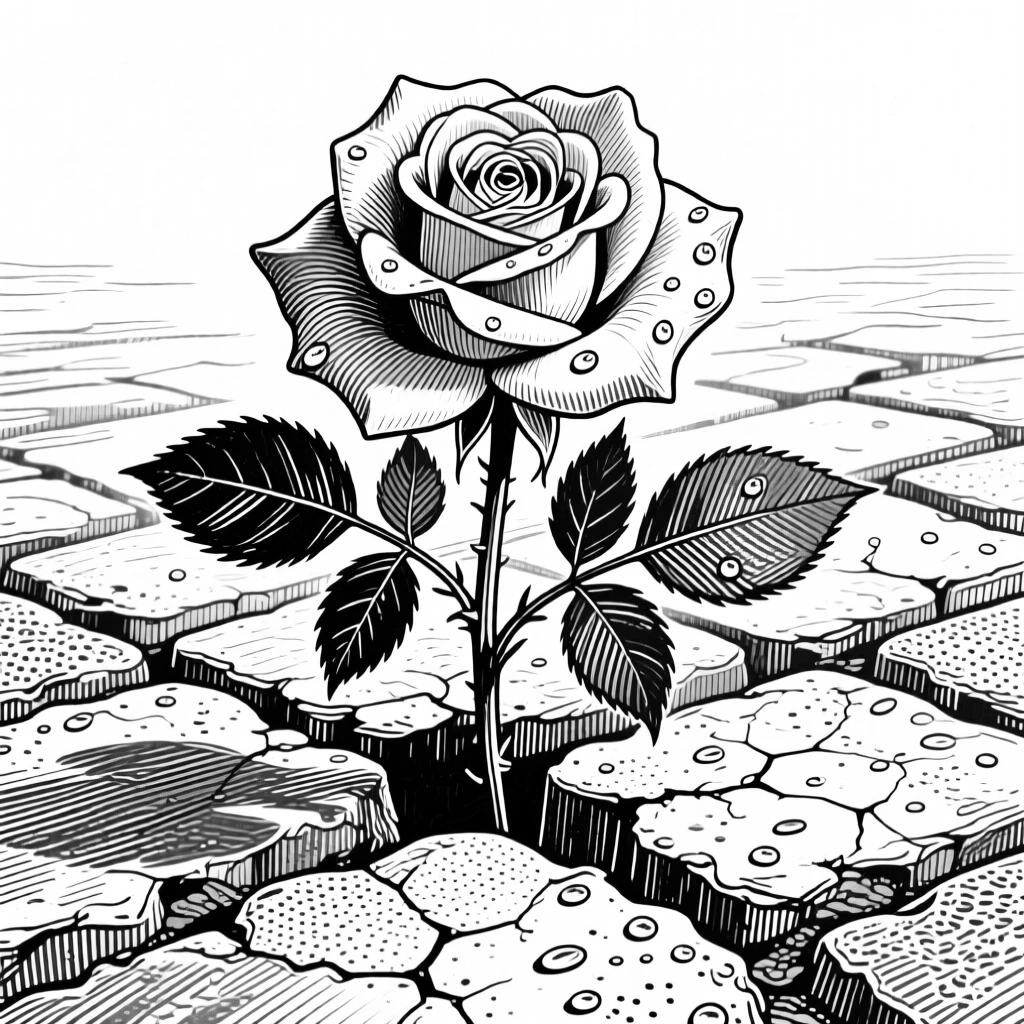 A single blooming rose growing between old cobblestones, with dew drops clinging to the edges, composed in a fresh and vibrant still-life arrangement.