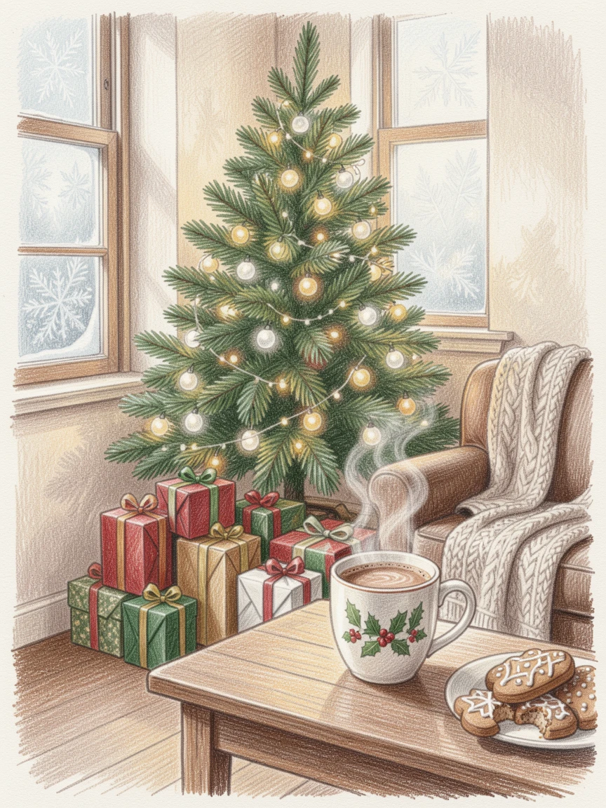 A cozy winter morning with hot cocoa and presents beneath the tree, filled with joyful, familiar holiday details, designed to feel heartwarming and festively memorable.