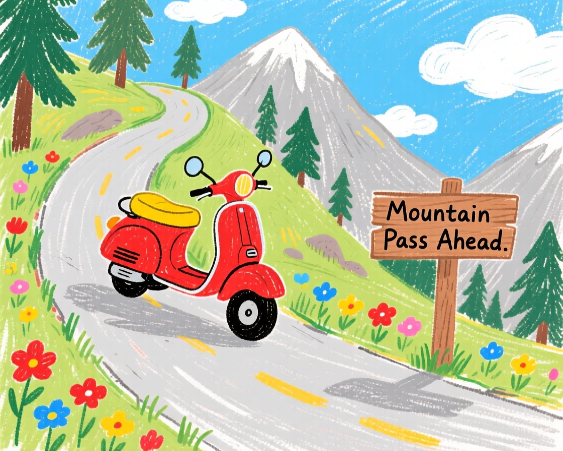 A motor scooter climbing a winding mountain road.
