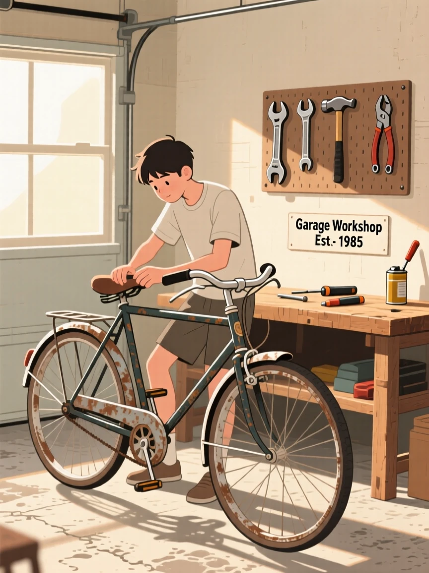 A young man repairing an old bicycle in a sunny garage workshop.