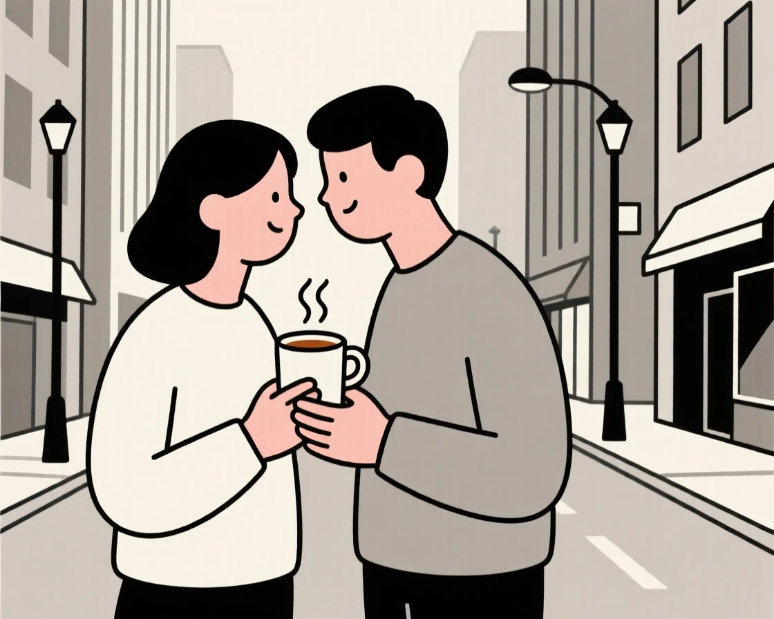 Two couple sharing a warm drink together in a bustling city street, sharing a moment of warm connection.