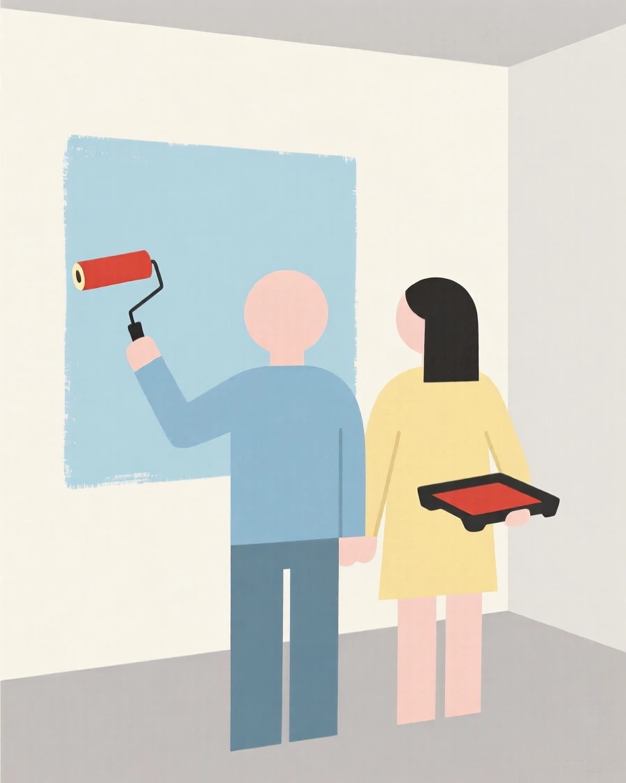 A couple painting a room in their new house