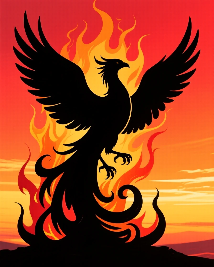 A phoenix rising from a burst of flame, wings spread wide.