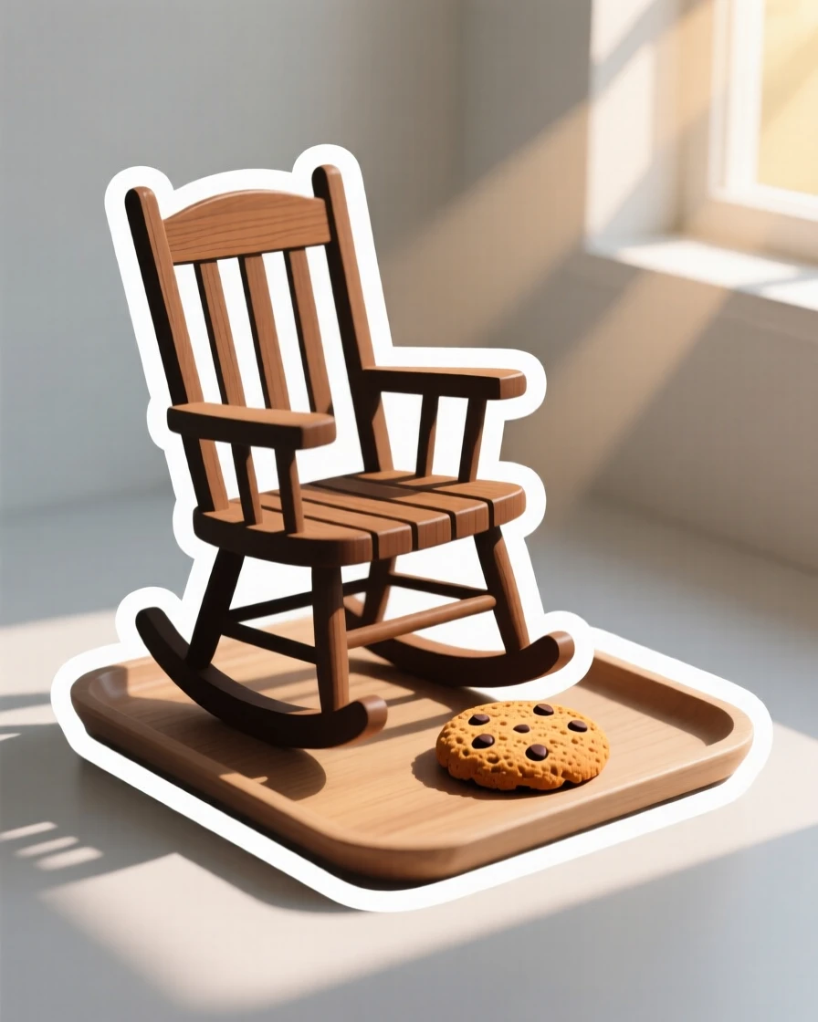 A charming wooden rocking chair, set on a tray with a single cookie, in a sunlit reading corner.