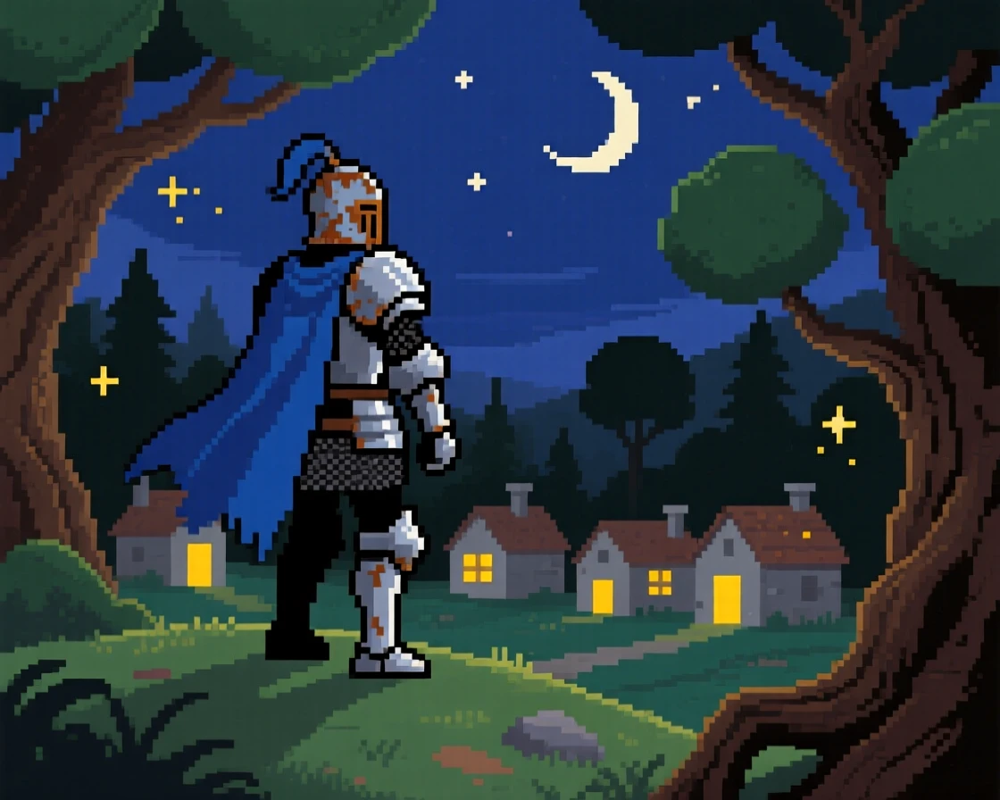 A knight in mismatched armor watching over a sleeping village at night, in an ancient enchanted forest.