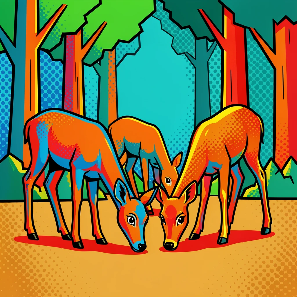 A family of deer grazing quietly at the edge of a forest