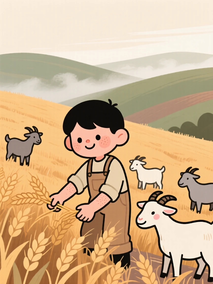 A young farmer tends rows of golden wheat on a hillside field as goats wander nearby and the morning mist begins to lift.