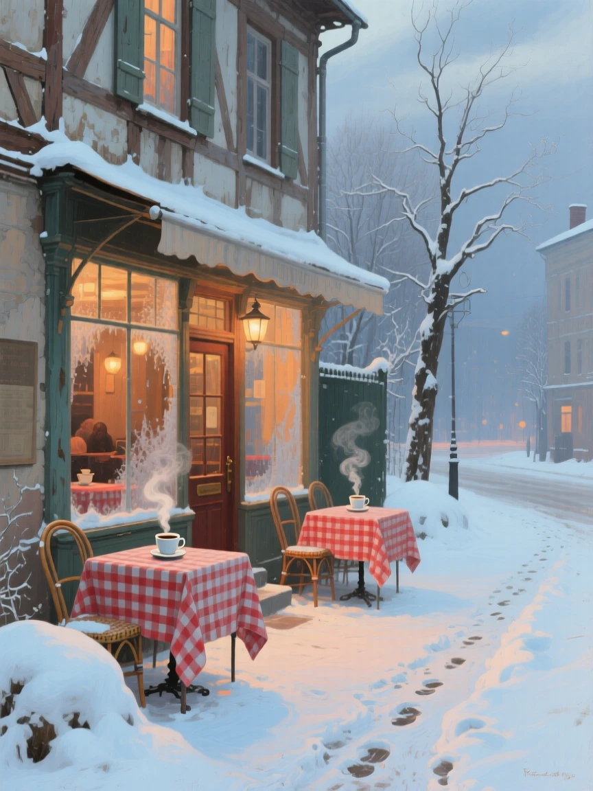 A wide establishing shot of a small café with checkered tablecloths and steaming cups of coffee, in deep winter.