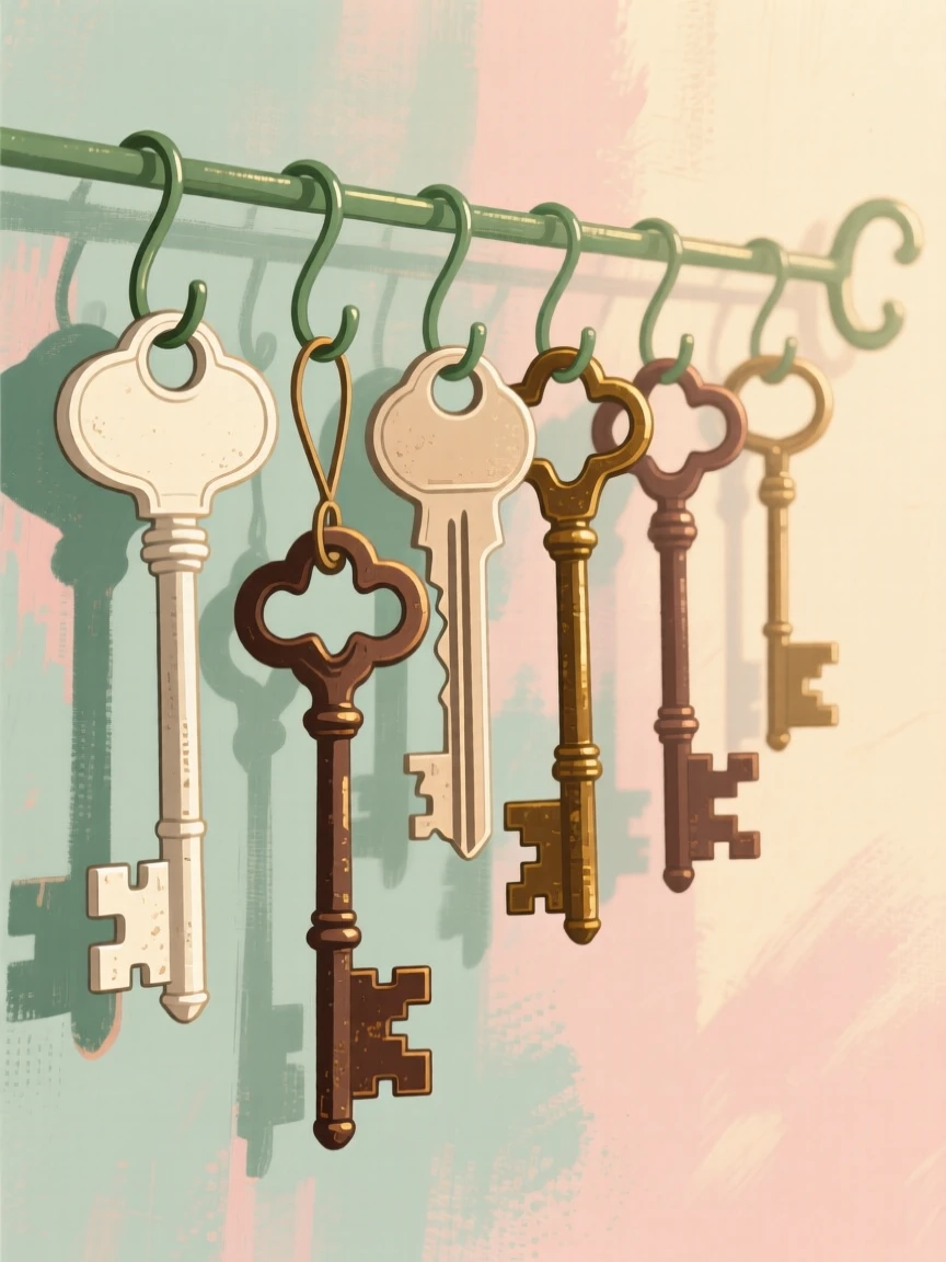 A set of antique keys of different sizes hanging on hooks