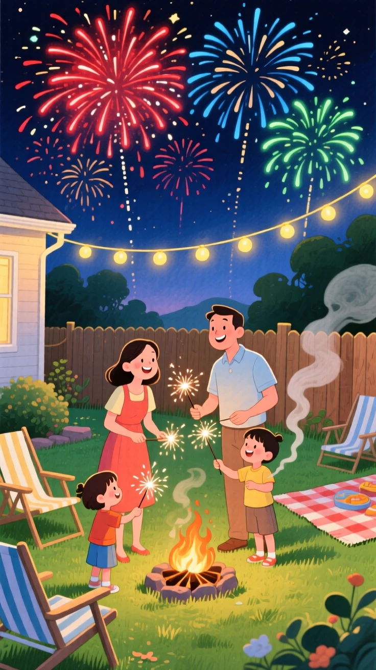 A family lighting fireworks on a summer night, in a backyard glowing with sparklers and string lights, with the soft crackle of a nearby fire, evoking joyful celebration and togetherness.