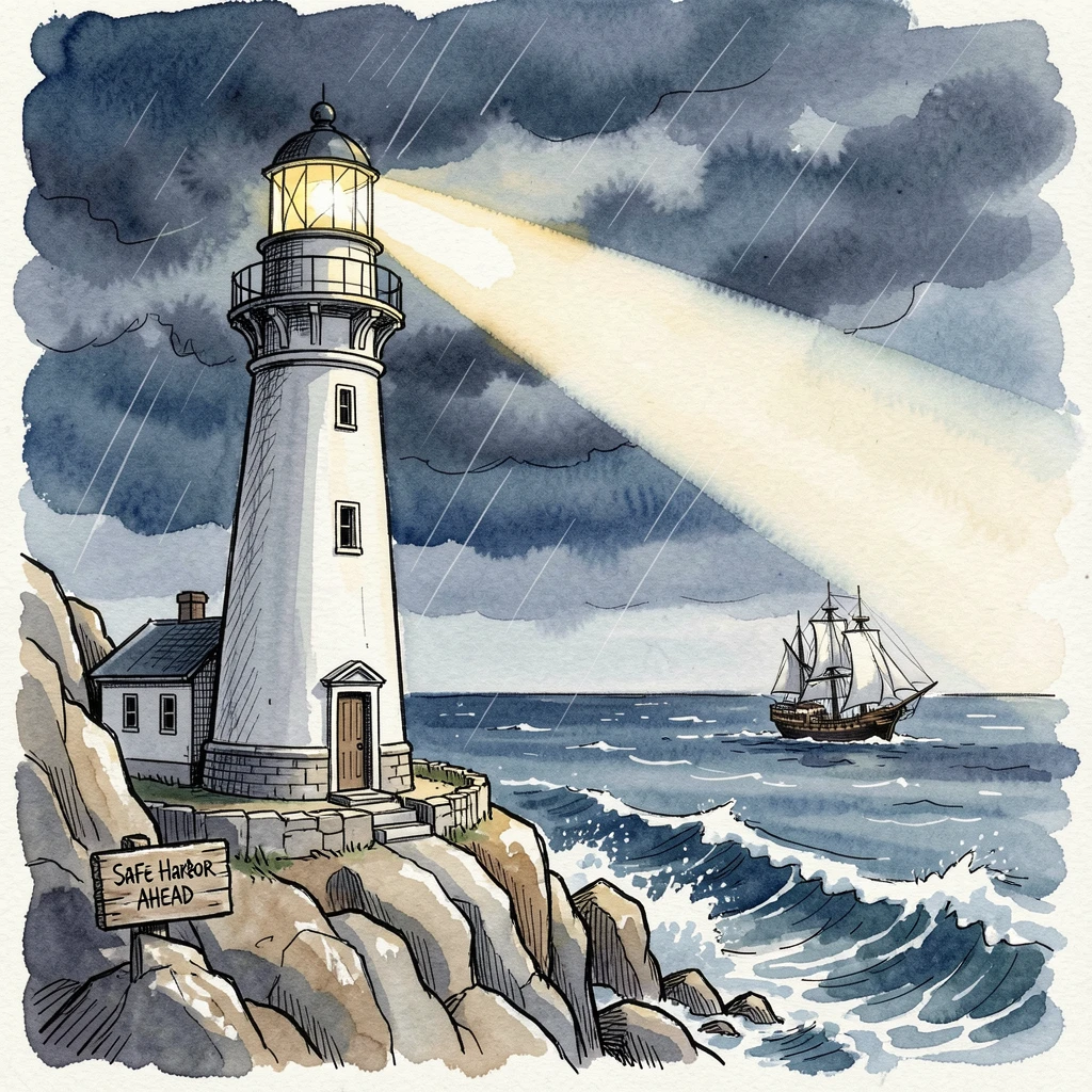 A lighthouse beam cutting through a stormy night to guide a distant ship safely home