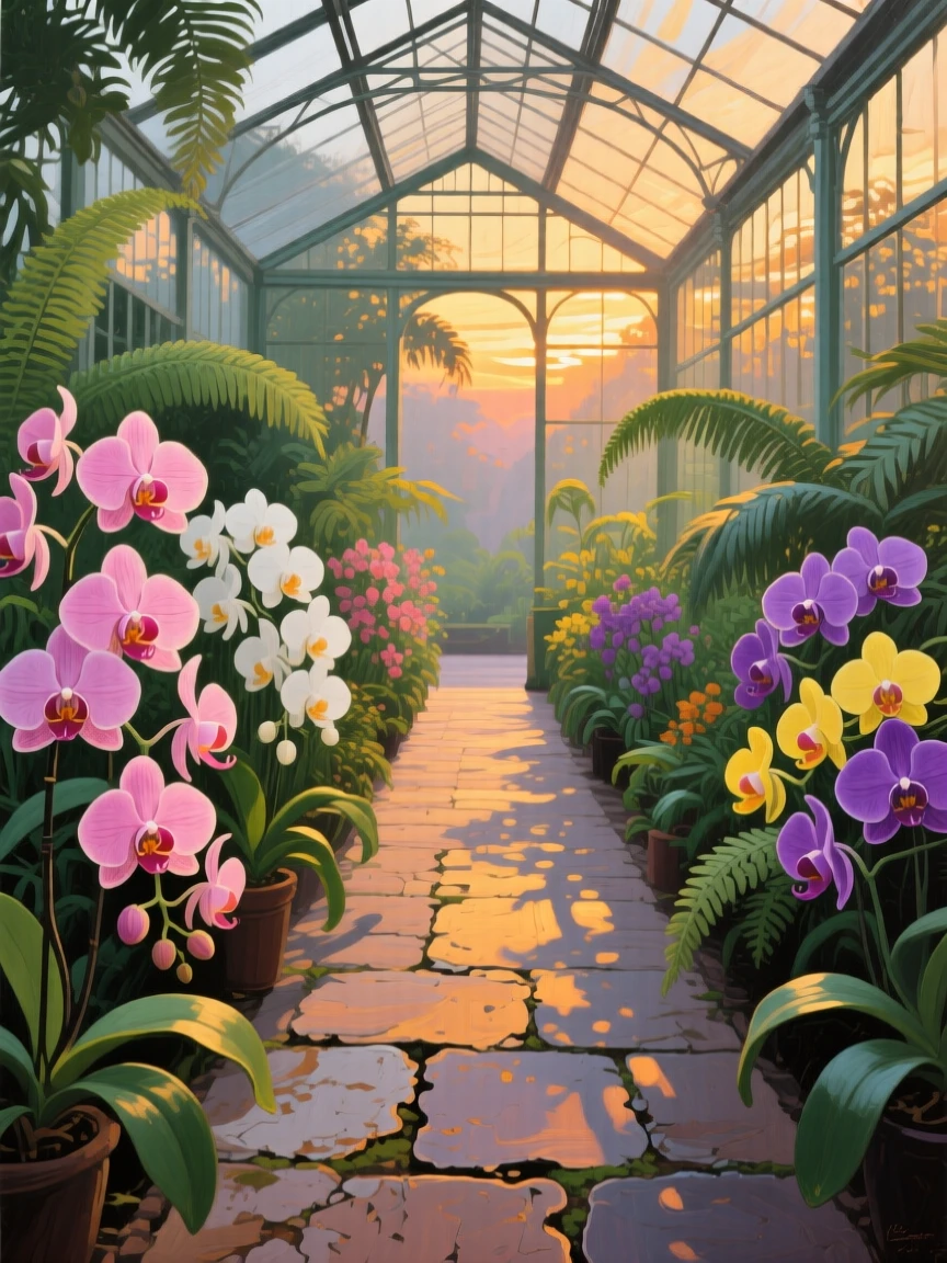 a conservatory path lined with orchids, in the last light before evening, with a balanced, spacious view of the surroundings.