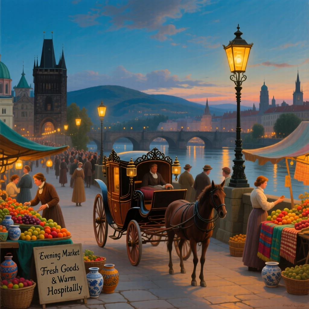 A carriage sets up stalls in a bustling city bridge as evening lanterns are lit.